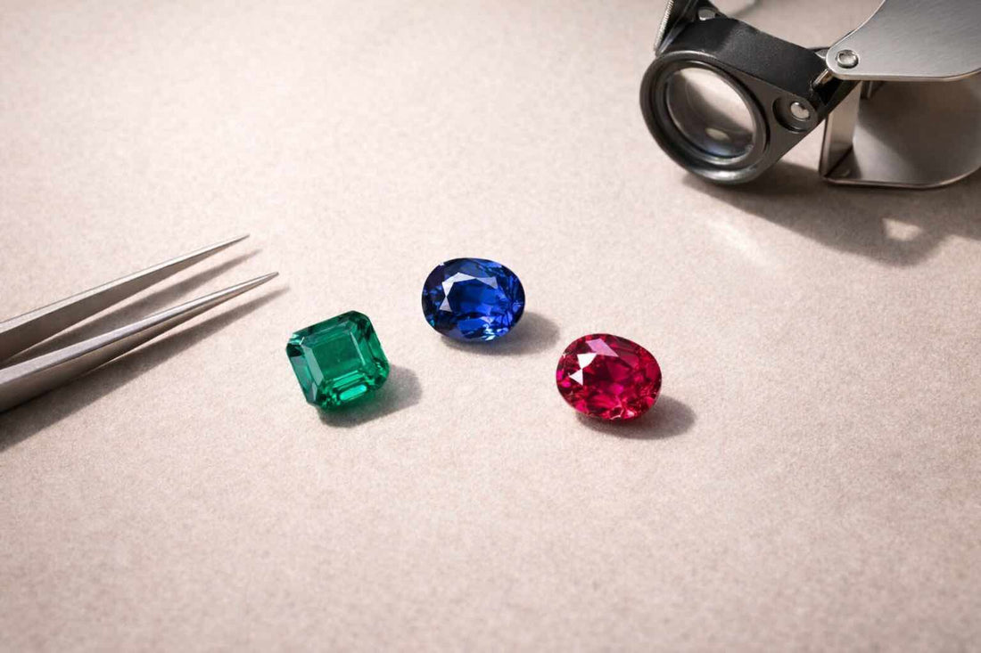 Three gemstones (emerald, sapphire, ruby) on a light surface with a magnifying glass and tweezers.