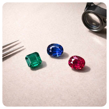 Three loose gemstones on a light beige surface: a square emerald-cut green stone, an oval blue stone, and an oval pink/red stone. A jeweler's loupe and tweezers are partially visible at the edges.