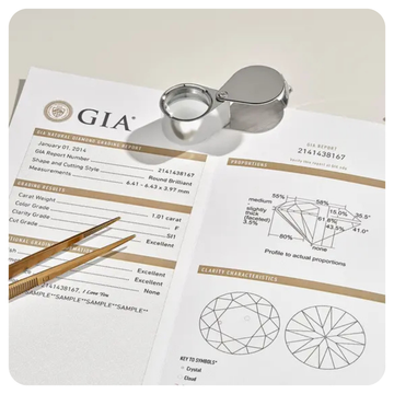 GIA diamond report with a loupe on a white background