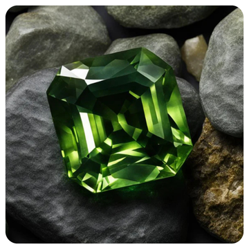 Green sapphire gemstone on a rocky background